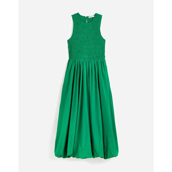 Madewell The Melody Bubble-Hem Smocked Midi Dress Poplin NT311 Green Size L NWT - Picture 5 of 6